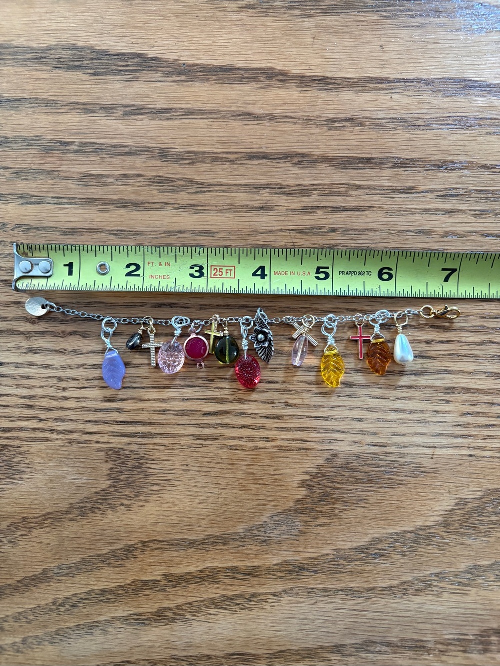 Hand Crafted Multi-Color Glass Charm Bracelet with Cross and Leaf Charms - Picture 5 of 9